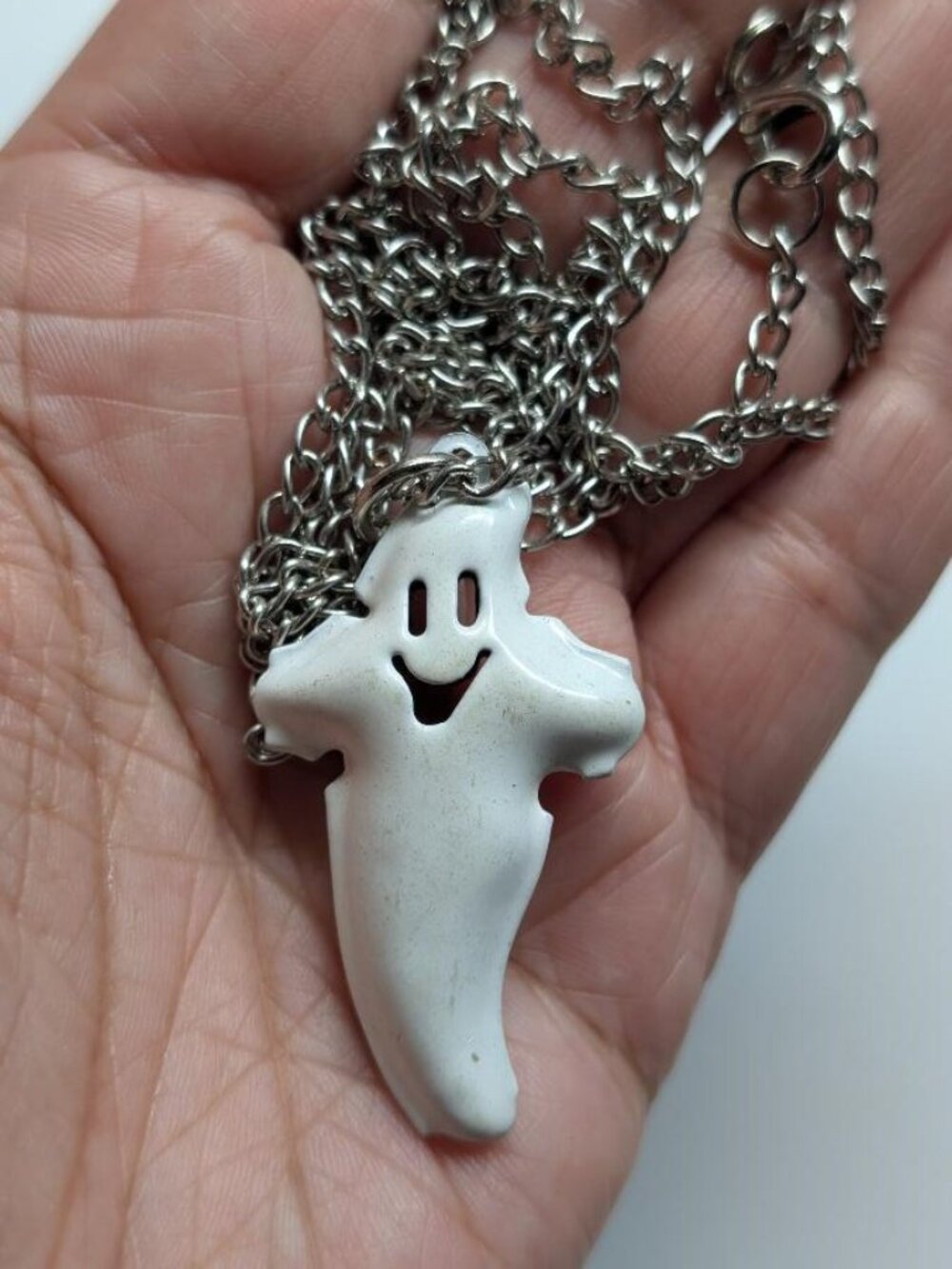 Large Vintage Halloween Metal White Smiling Ghost-Bell Pendant Necklace